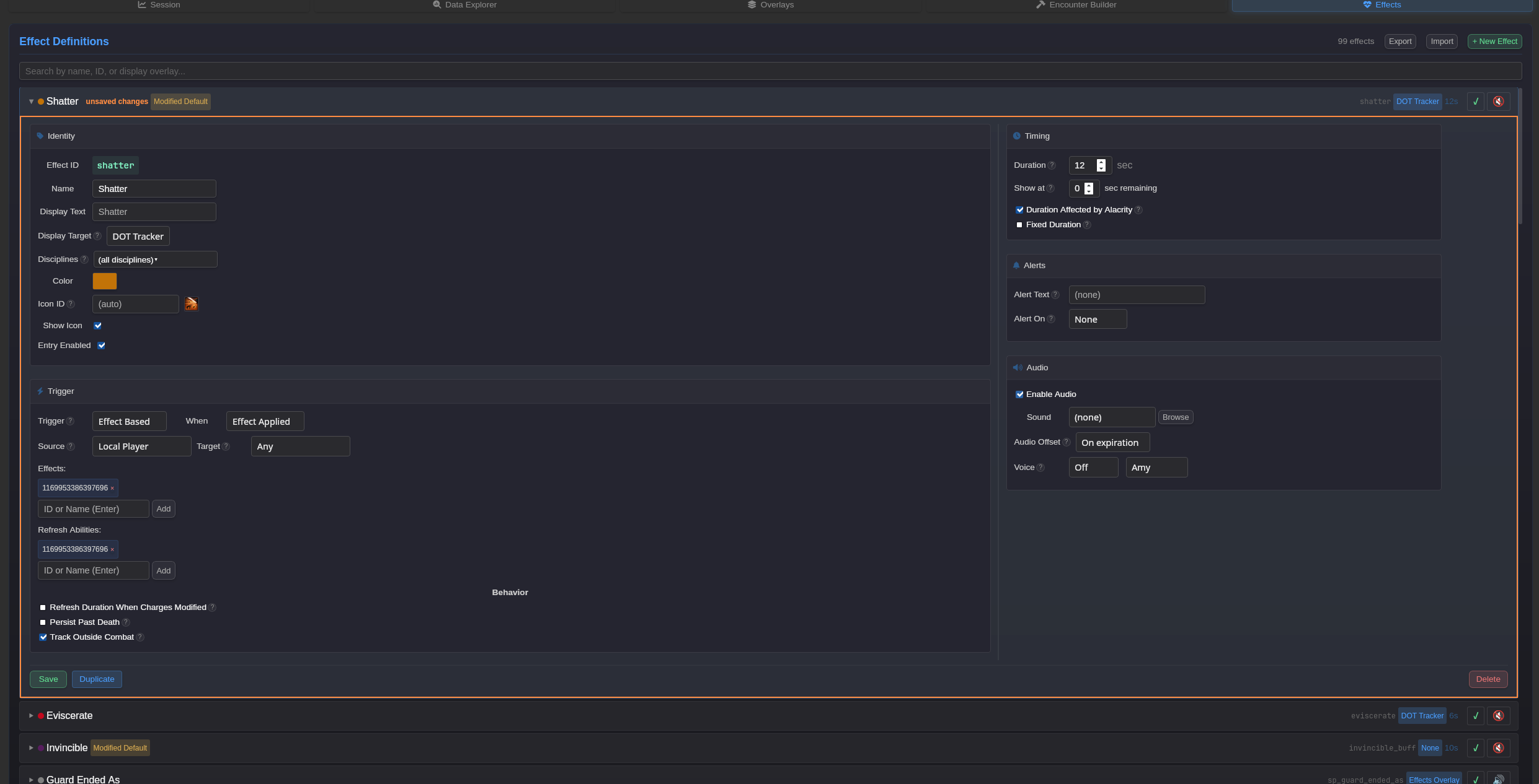 Effect editor for tracking buffs and debuffs