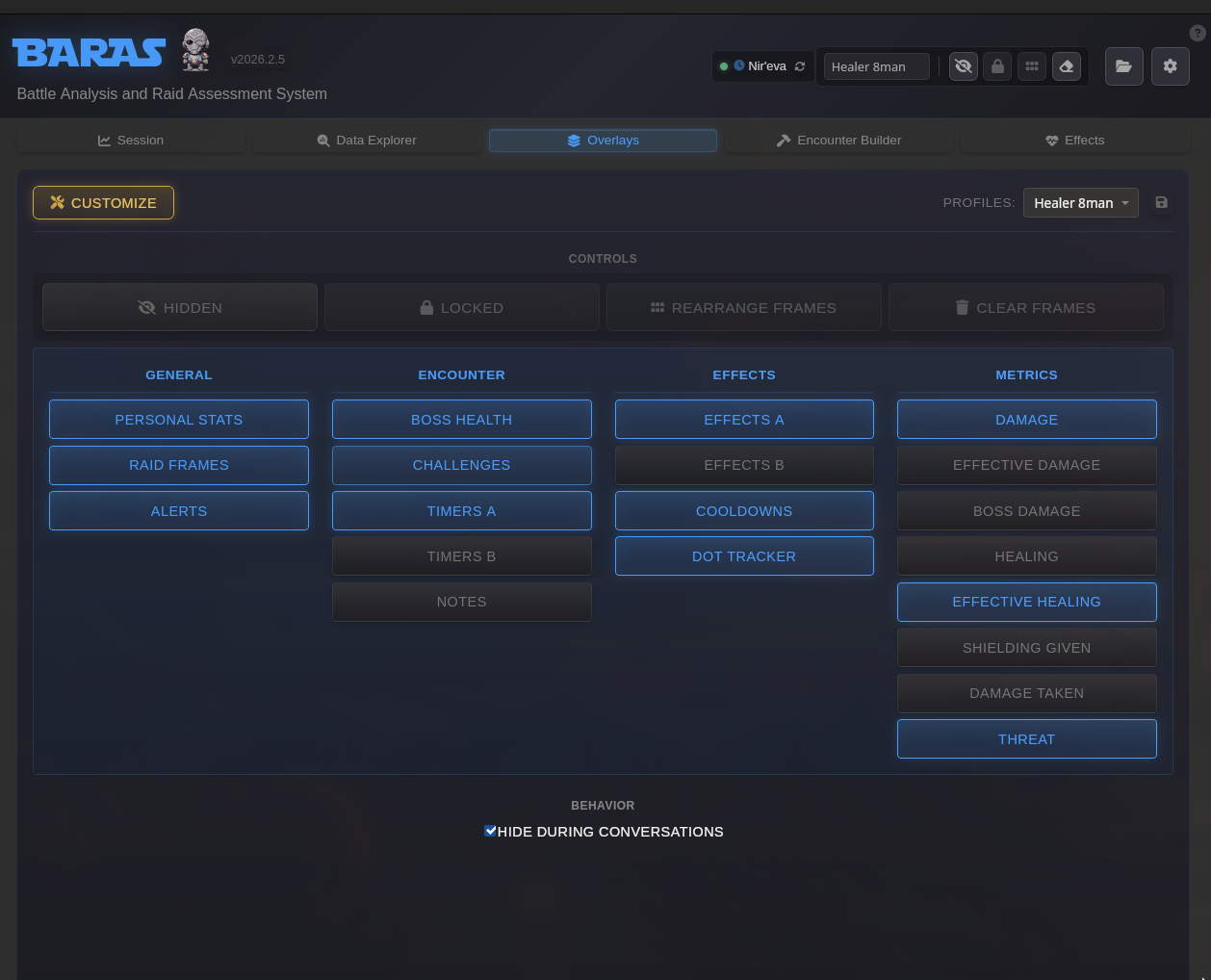 Overlays tab with enable buttons