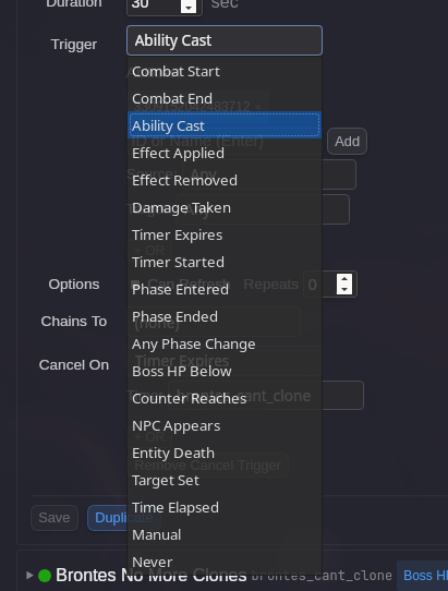 Trigger type dropdown